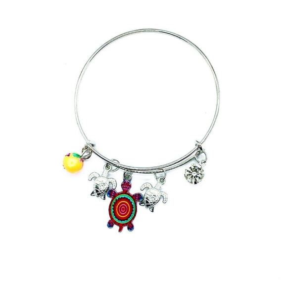Beaded Sea Turtle Charm Colorful Bangle Bracelet - Picture 1 of 5